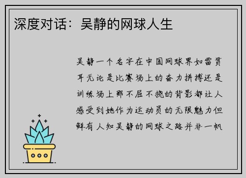 深度对话：吴静的网球人生