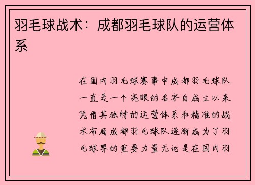 羽毛球战术：成都羽毛球队的运营体系