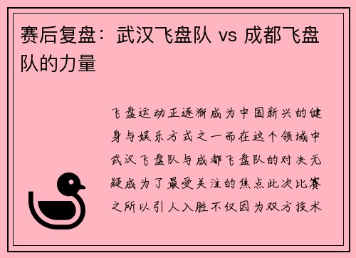 赛后复盘：武汉飞盘队 vs 成都飞盘队的力量
